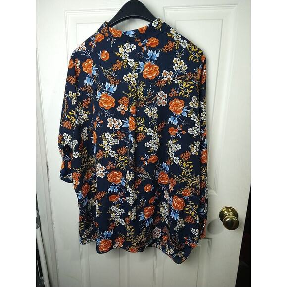 Simply Emma Woman 2X Blouse Blue Orange Floral Roll Tab Collared Button Front - Picture 10 of 10